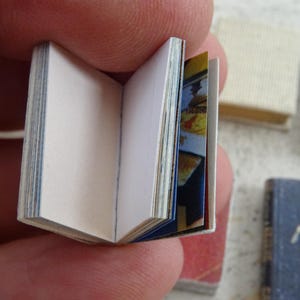 Könnte beinhalten: Ein aufgeschlagenes Miniaturbuch mit leeren weißen Seiten und einer Seite mit einer farbigen Illustration. Das Buch besteht aus mehreren dünnen, zusammengebundenen Papierblättern und bietet einen detaillierten Blick auf das Innere.