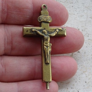 Rare religious antique copper shrine pendant to open cross crucifix with Holy Jesus Christ.  (  31  )