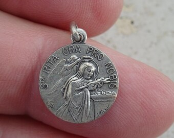 Religious antique French catholic silver plated medal pendant Holy charm medallion of Saint Rita. ( C 14 )