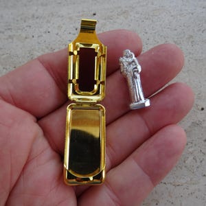 Religious vintage French gold plated catholic pocket shrine altar chapel relic with statue of Saint Anthony. ( 55 a )