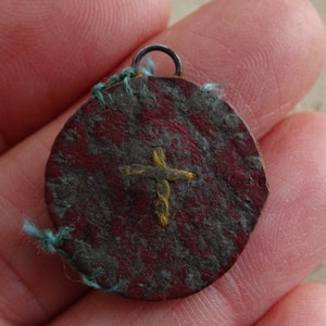 Religious antique French catholic reliquary shrine medal pendant charm with relic of leather with cross crucifix. ( Q 15 )