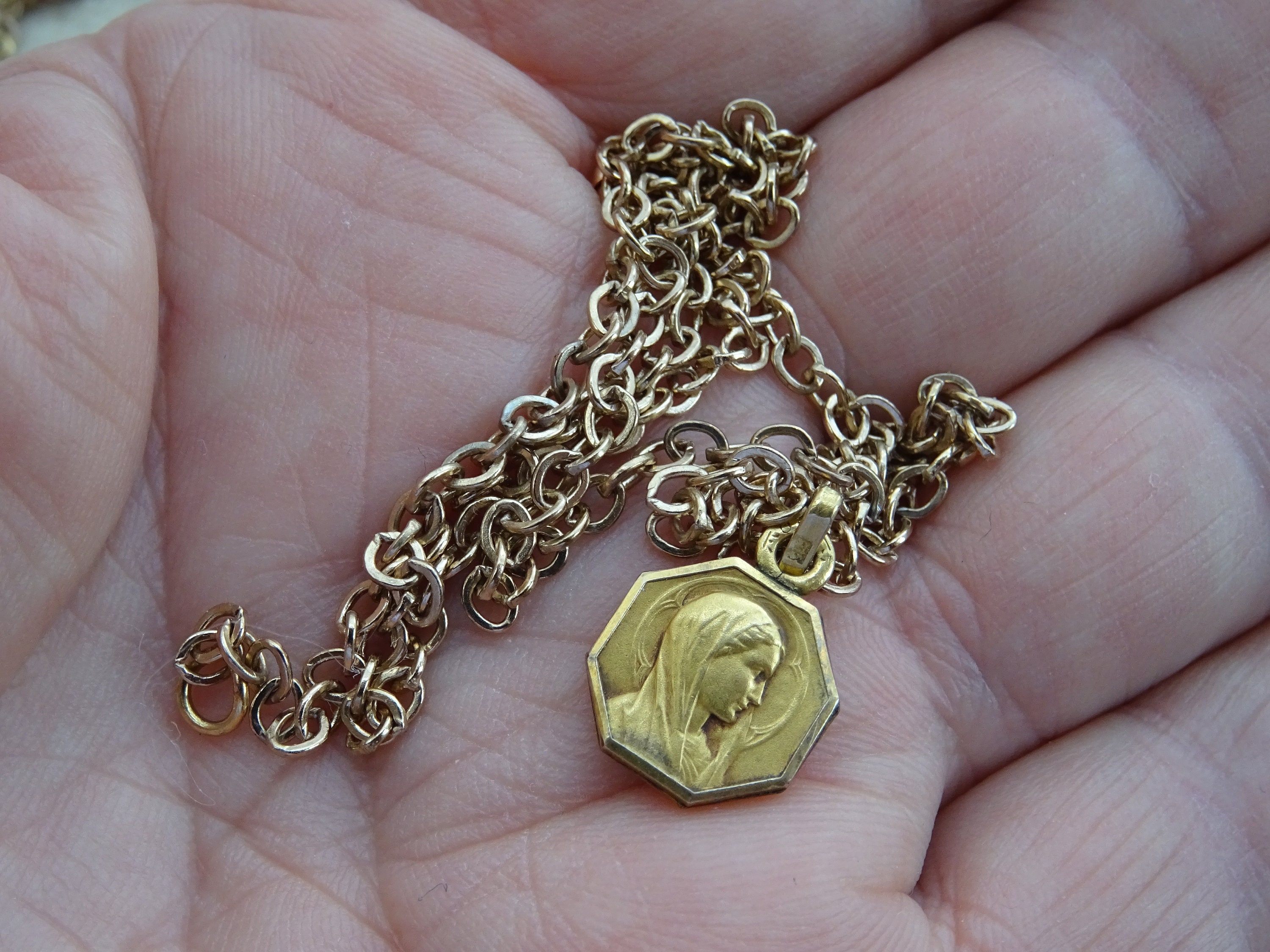 Religious antique French vermeil gold plated chain necklace with vermeil gold plated ( MARKED MURAT ) medal Holy Virgin Mary. ( C 16 )