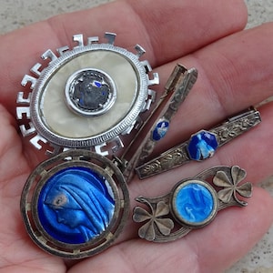 Religious French silver plated enameled catholic 5 brooches with Holy Virgin Mary.  ( EE 29 )