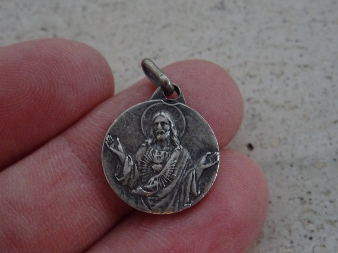 Religious Antique French Catholic Silvered Medal Pendant Medaillon