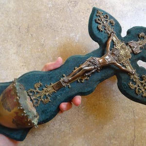 Big religious antique catholic French Holy water font stoup with cross crucifix  Holy Jesus Christ. ( A A  6a )
