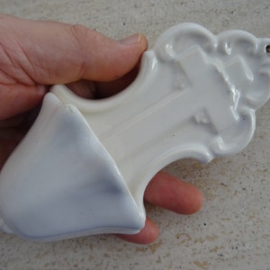 Religious antique catholic French Holy water font stoup of porcelain with cross crucifix Holy Jesus Christ. (  S 3  )