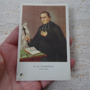 Religieus antiek Frans katholieke kaartschrijn met relikwie van de heilige Marcellini, Joseph Benedict Champagnat. ( TT30 )