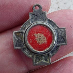 Religious antique French silver plated relic reliquary medal shrine pendant with earth of the grave of Saint Francis of Assisi. ( W 21 )