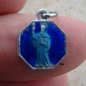 Religious silvered enameled medal pendant medallion Holy charm of Saint Benedict.  ( catholic medal of exorcism against evil ) ( C 27 )