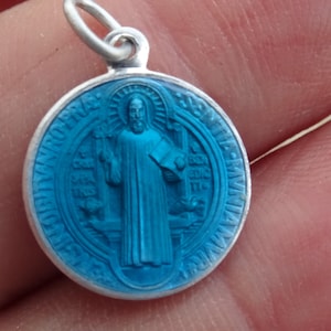 Religious silvered enameled medal pendant medallion Holy charm of Saint Benedict.  ( catholic medal of exorcism against evil ) ( C 19 )