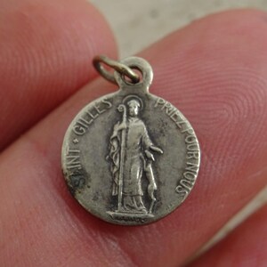 Religious antique French silver plated medal pendant charm medallion of Saint Gilles The Hermit and Church of Gilles in Liege. (   P 22 )