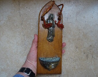 Religious antique catholic French wooden Holy water font stoup of Holy Virgin Mary. (  L 4 )
