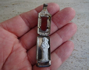 Religious antique French silver plated catholic pocket shrine altar chapel reliquary with statue of Saint Benedict. ( 20 )