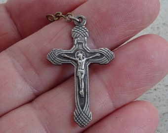 Religiöser antiker silber französischer katholischer Kruzifix Anhänger Pectoral Kreuz Heiliger Jesus Christus mit Initialen M R.  ( E 26 )