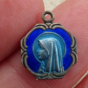 Religious antique French silvered enameled catholic medal pendant charm medallion of Holy Virgin Mary souvenir of Lourdes. ( K 12 )