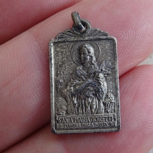 Rare religious antique French catholic silver plated medal pendant  charm medallion of Saint Mary Maria Goretti and Holy Virgin Mary.  W 24a