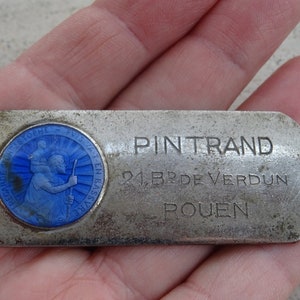 Religious antique French silver plated enameled catholic medal pendant plaque token memorial tablet of Saint Christopher.  ( K 1 )