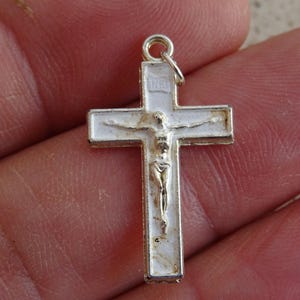 Religious vintage silvered enameled christian crucifix pendant cross pectoral cross rosary necklace cross.  ( O 50 )
