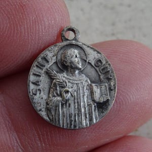 Religious antique French catholic silvered medal pendant Holy charm medallion of Saint Guy. ( W 15 )