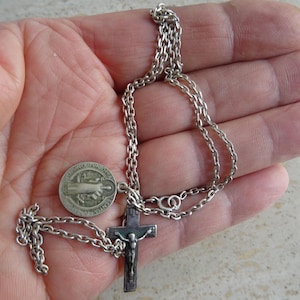 Religious antique French silver ( MARKED ) chain necklace  with silver ( MARKED )  cross crucifix Holy Jesus Christ and medal Benedict. C 6