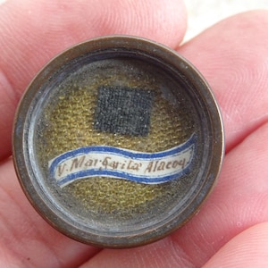 Religious antique French copper theca medal shrine pendant with relic reliquary of Saint Margaret Mary Alacoque. ( P 5 )