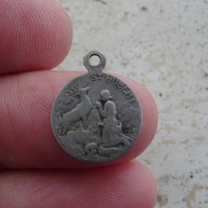 Religious antique French silver ( MARKED ) catholic medal pendant charm medallion of Saint Hubert and Saint Roch. (  19 )