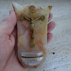 Religious antique French marble catholic Holy water font stoup of with copper cross crucifix of copper Holy Christ Our Lord. ( B 20 )