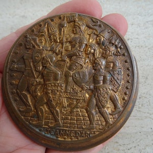 Religious antique French bronze catholic plaque token medal pendant of Saint Joan of Arc  Jeanne d&#39;Arc on her horse.   2