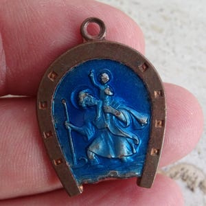 Religious antique copper enameled medal pendant charm medallion of Saint Christopher. ( X 1a )