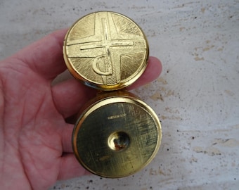 Vintage Catholic Communion Pyx Gold Tone Chi Rho Christogram Cross Host Box Religious Devotional  A 26