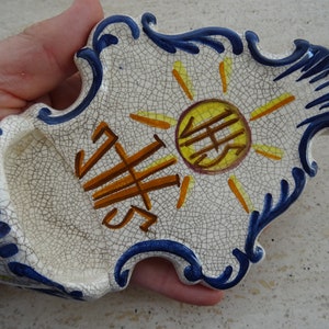 Religious catholic French Holy water font stoup of porcelain with IHS and PAX. (  E14  )