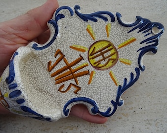 Religious catholic French Holy water font stoup of porcelain with IHS and PAX. (  E14  )