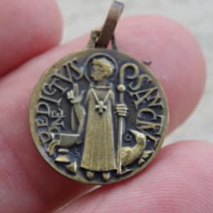 Religious antique catholic copper medal charm medallion pendant of Saint Benedict. ( medal of exorcism against evil) ( C 7 a )
