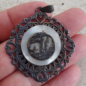 Big religious vintage catholic French mother of pearl medal pendant Holy charm medallion of Holy Virgin Mary souvenir of Lourdes. S 5