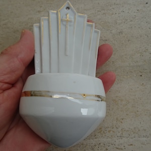 Religious catholic French Holy water font Stoup of porcelain with cross crucifix Holy Christ Our Lord. ( E 1 )