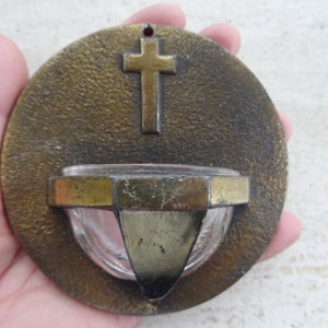 Religious French water font stoup of copper  with cross crucifix Holy Jesus Christ. ( T 18 )