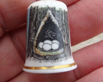 Vintage porcelainen thimble thimbleful with owl and his eggs. ( A m 18 )