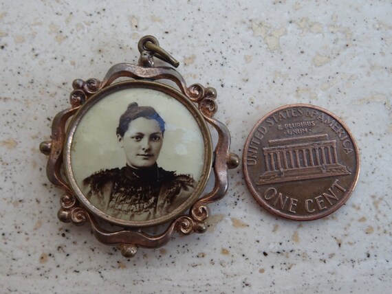 Antique French copper photo holder locket medal m… - image 2