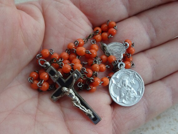 Religious French Catholic Rose Rosary Beads of Glass With Rosary