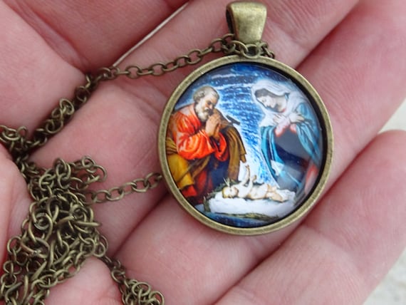 Religious French brass necklace chain with medal … - image 1