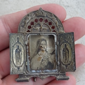 Religious antique French silver plated catholic chapel altar shrine triptych of Saint Therese of Lisieux. ( 4 )