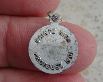 Religious antique French catholic silver plated medal pendant Holy charm medallion of Saint Rita. ( C 13 )