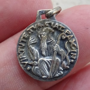 Rare religious antique French silvered catholic medal pendant medallion Holy charm of Saint Benedict. ( C 33 )