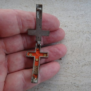 Rare religious antique silver plated  shrine pendant to open cross crucifix Holy Jesus Christ with relic of the Trappisti.  ( 29 )