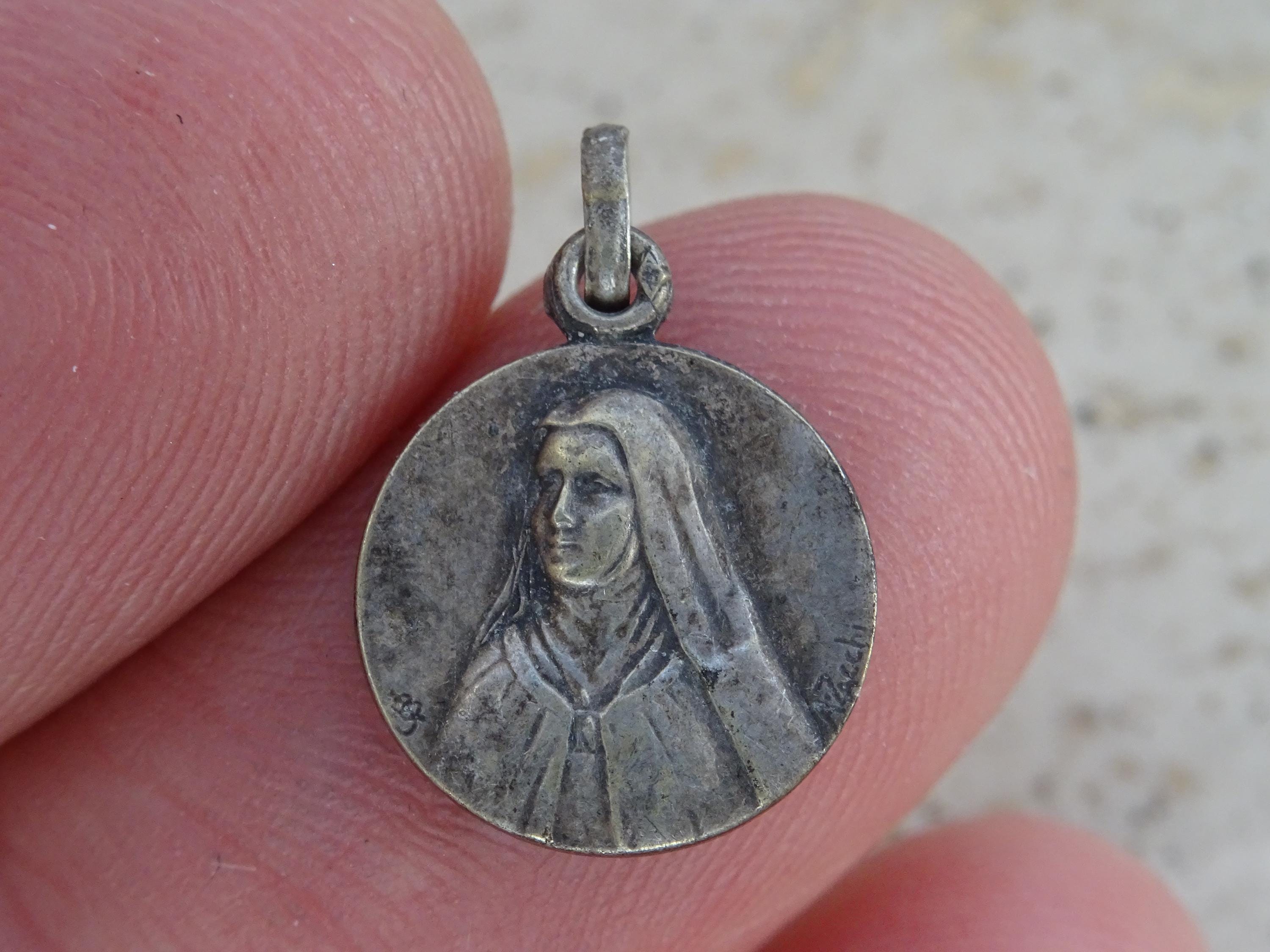 Religious antique French silvered catholic medal pendant Holy charm medallion of Saint Therese of Lisieux. ( A 5 )