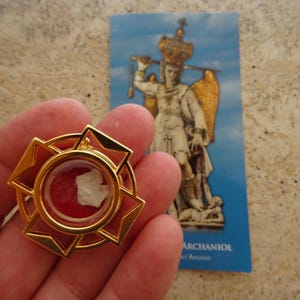 Religious Italian pendant medallion relic shrine of Saint Michael Archangel with rock souvenir Monte Gargano with authentic document. V 15