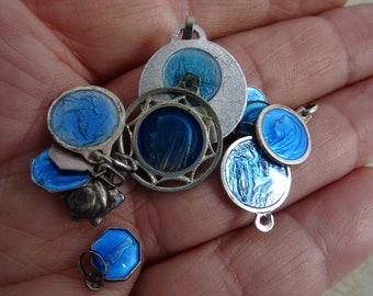 9 Religious antique French silver plated catholic enameled medals charms pendants medallions Holy charms.  ( 14 )