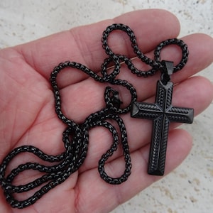 Vintage French black chain necklace with black religious catholic cross crucifix. ( D 29 )