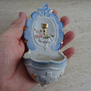 Religious antique French water font stoup of porcelain with cross crucifix Holy Jesus Christ Holy Chalice. ( F 6 )