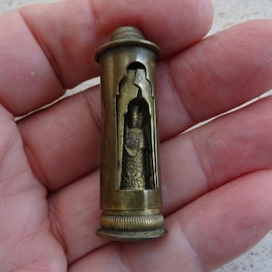 Religious antique French copper catholic pocket shrine altar chapel relic reliquary with statue of Holy Virgin Mary. ( 56 )